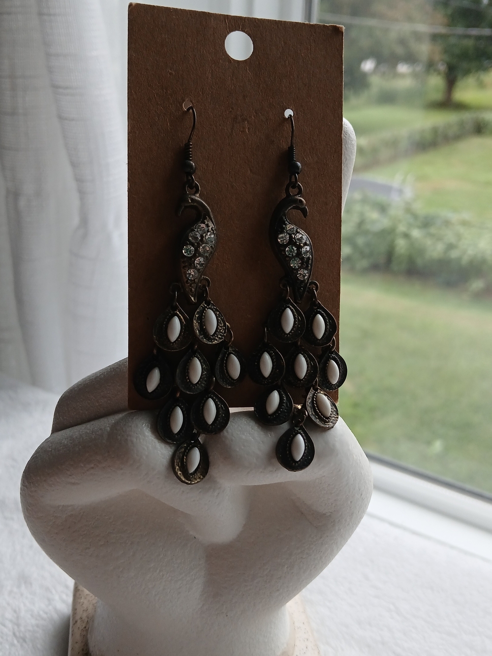 Vintage Peacock Bronze Crystal & White Stone Teardrop Chandelier Earrings